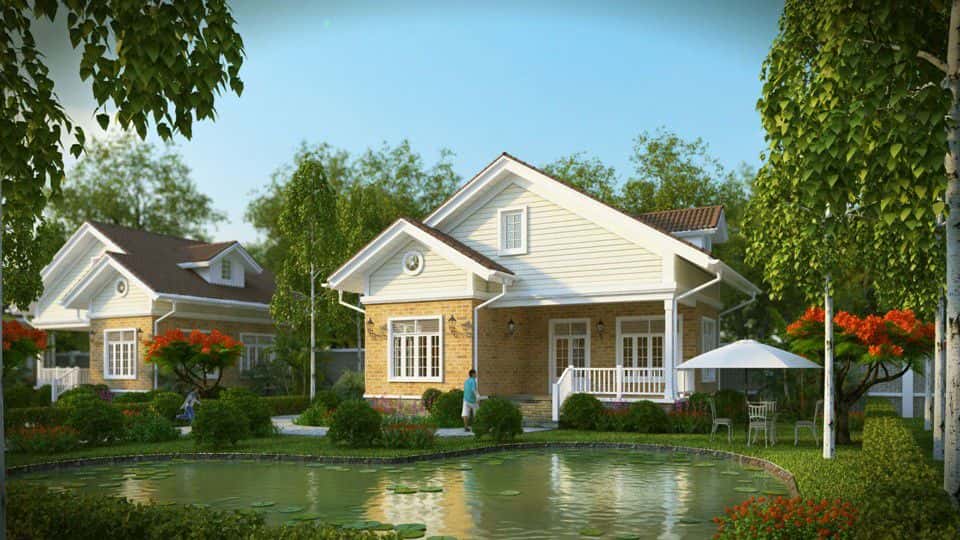 Nhà ở bên cạnh hồ nước, cây cối xanh tốt là một căn nhà đẹp